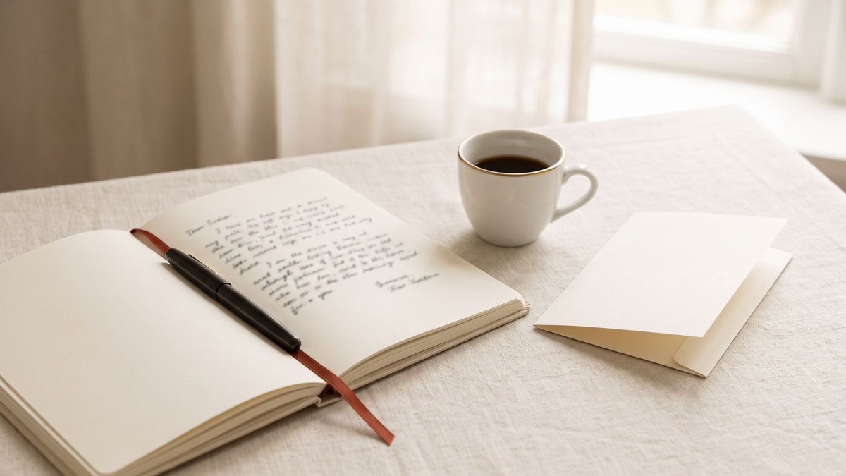 Notizbuch, Stift und Tasse auf einem hellen Schreibtisch